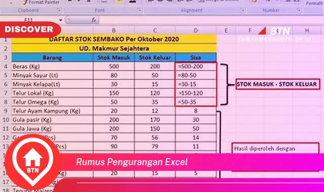 rumus pengurangan excel